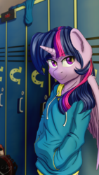 Size: 2160x3840 | Tagged: safe, artist:cluvry, twilight sparkle, alicorn, anthro, g4, clothes, female, hand in pocket, high res, hoodie, lockers, school, schoolgirl, smiling, solo, twilight sparkle (alicorn)