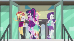 Size: 480x270 | Tagged: safe, screencap, applejack, fluttershy, pinkie pie, rainbow dash, rarity, sci-twi, sunset shimmer, twilight sparkle, equestria girls, equestria girls series, g4, the finals countdown, a+, animated, armpits, arms in the air, canterlot high, cheering, clothes, dress, female, fluttershy boho dress, geode of empathy, geode of shielding, geode of sugar bombs, geode of super speed, geode of super strength, geode of telekinesis, gif, hands in the air, happy, humane five, humane seven, humane six, jumping, legs, magical geodes, rarity peplum dress, skirt, sleeveless, sleeveless dress