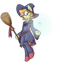 Size: 1953x2160 | Tagged: safe, artist:spheedc, earth pony, pony, semi-anthro, arm hooves, bipedal, broom, digital art, female, glasses, hat, little witch academia, lotte jansson, mare, ponified, simple background, solo, transparent background, witch, witch hat