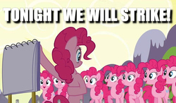 Size: 761x443 | Tagged: safe, edit, edited screencap, screencap, pinkie pie, earth pony, pony, g4, too many pinkie pies, caption, clone, female, image macro, mare, multeity, plan, text, too much pink energy is dangerous
