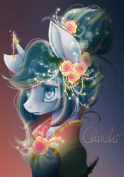 Size: 954x1364 | Tagged: safe, artist:clarichi, oc, oc only, oc:silent love, pony, unicorn, bust, female, flower, flower in hair, jewelry, mare, portrait, solo