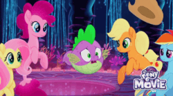 Size: 720x402 | Tagged: safe, screencap, applejack, fluttershy, pinkie pie, rainbow dash, spike, earth pony, fish, pegasus, pony, puffer fish, seapony (g4), unicorn, g4, my little pony: the movie, animated, applejack's hat, bubble, coral, cowboy hat, dorsal fin, female, fin, fin wings, fins, fish tail, flowing mane, flowing tail, glowing, hat, inflation, logo, looking at each other, looking at someone, mare, my little pony: the movie logo, ocean, open mouth, seaponified, seapony applejack, seapony fluttershy, seapony pinkie pie, seapony rainbow dash, seaquestria, seaweed, species swap, spike the pufferfish, tail, underwater, water, wings