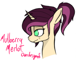 Size: 1386x1096 | Tagged: safe, artist:pinkberry, oc, oc only, oc:mulberry merlot, pony, unicorn, bust, colored, female, flat colors, freckles, heart, mare, ponytail, side view, simple background, smiling, smirk, solo, tattoo, text, white background