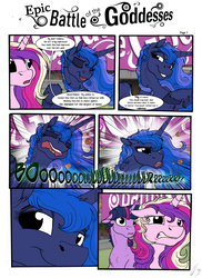 Size: 2550x3506 | Tagged: safe, artist:lupiarts, artist:snoopystallion, princess cadance, princess luna, twilight sparkle, alicorn, pony, comic:epic battle of the goddesses, g4, burp, burping contest, collaboration, comic, competition, expressions, female, floppy ears, funny, high res, laughing, majestic as fuck, mare, twilight sparkle (alicorn), wavy mouth, ye olde butcherede englishe