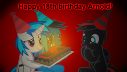 Size: 3840x2160 | Tagged: safe, artist:agkandphotomaker2000, dj pon-3, vinyl scratch, oc, oc:arnold the pony, oc:pony video maker, pegasus, pony, unicorn, g4, birthday cake, cake, candle, food, hat, high res, number shaped candles, party hat, red and black mane, red and black oc