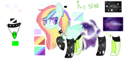 Size: 3000x1438 | Tagged: safe, artist:rukemon, oc, oc only, oc:ivy star, alien, alien pony, earth pony, pony, antennae, boots, choker, clothes, ear piercing, earring, female, jewelry, mare, markings, multicolored hair, necklace, piercing, rainbow hair, raised hoof, raised leg, reference sheet, shoes, simple background, socks, spiked choker, transparent background