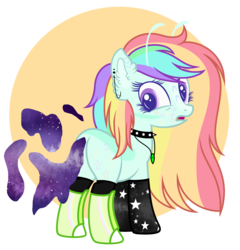 Size: 2348x2448 | Tagged: safe, artist:igzzy, oc, oc only, oc:ivy star, alien, alien pony, pony, antennae, boots, butt, choker, clothes, ear piercing, earring, female, high res, jewelry, mare, markings, multicolored hair, necklace, open mouth, piercing, plot, rainbow hair, shoes, socks, solo, spiked choker