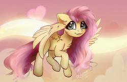 Size: 1280x832 | Tagged: safe, artist:radioaxi, fluttershy, pegasus, pony, g4, chest fluff, cloud, cute, female, heart, heart eyes, looking at you, mare, shyabetes, sky, smiling, smiling at you, solo, spread wings, three quarter view, wingding eyes, wings