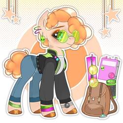 Size: 894x894 | Tagged: safe, artist:docsyers, oc, oc only, oc:wave length (ice1517), alien, earth pony, pony, anklet, bag, book, bracelet, clothes, cup, ear piercing, earring, eyeshadow, female, flask, freckles, glasses, jacket, jeans, jewelry, journal, makeup, mare, necklace, pants, piercing, shirt, solo, sunglasses, t-shirt, tattoo, ufo, unshorn fetlocks, varsity jacket, watch, wristband, wristwatch