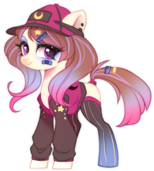 Size: 750x833 | Tagged: safe, artist:cabbage-arts, oc, oc only, oc:star slugger, earth pony, pony, bandaid, baseball cap, blank flank, cap, clothes, ear piercing, earring, eyeshadow, female, hat, jacket, jersey, jewelry, makeup, mare, piercing, simple background, socks, solo, stockings, thigh highs, transparent background, varsity jacket