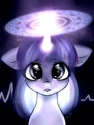 Size: 1280x1707 | Tagged: safe, artist:php145, twilight sparkle, pony, unicorn, g4, bust, electrocardiogram, female, floppy ears, front view, full face view, glowing, glowing horn, horn, looking at you, magic, magic circle, mare, portrait, sad, solo, stressed