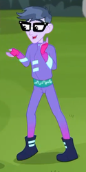 Size: 278x554 | Tagged: safe, screencap, micro chips, equestria girls, g4, my little pony equestria girls: choose your own ending, the road less scheduled, the road less scheduled: micro chips, boots, clothes, cropped, fingerless gloves, glasses, gloves, male, mc dex fx, shoes, smiling, solo