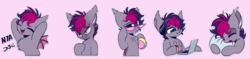 Size: 1453x344 | Tagged: safe, artist:hagalazka, oc, oc only, oc:retro wave, bat pony, pony, angry, bat pony oc, bat wings, beach ball, blushing, chest fluff, computer, cute, ear piercing, fluffy, headphones, laptop computer, male, nya, piercing, pillow, silly, simple background, sleeping, solo, sticker set, sunglasses, wings