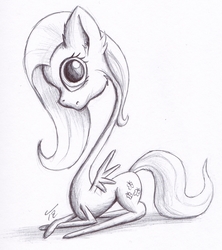 Size: 1420x1599 | Tagged: safe, artist:tunrae, fluttershy, pegasus, pony, g4, ballpoint pen, female, long neck, looking at you, sitting, sketch, solo, traditional art