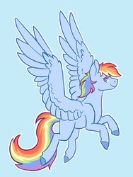 Size: 1200x1600 | Tagged: safe, artist:flaming-trash-can, rainbow dash, pegasus, pony, g4, blue background, female, flying, mare, simple background, wings
