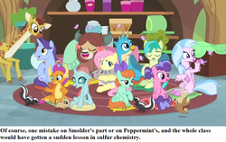Size: 1024x648 | Tagged: safe, edit, edited screencap, editor:korora, screencap, berry blend, berry bliss, clementine, fluttershy, gallus, november rain, ocellus, peppermint goldylinks, sandbar, silverstream, smolder, yona, bird, changedling, changeling, dragon, giraffe, griffon, hippogriff, pony, rabbit, skunk, yak, g4, interseason shorts, teacher of the month (episode), animal, blissabetes, bow, cute, diaocelles, diastreamies, female, friendship student, gallabetes, hair bow, male, novemberbetes, peppermint adoralinks, pillow, rug, sandabetes, school of friendship, shyabetes, smolderbetes, student six, sulfur, text, this could have ended in tears, yonadorable