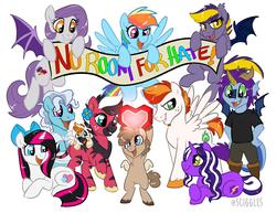 Size: 3300x2550 | Tagged: safe, artist:sciggles, rainbow dash, oc, oc:blazingstar, oc:chickenwing, oc:firenvy, oc:heart stitches, oc:monapia, oc:purpletinker, bat pony, pegasus, pony, unicorn, g4, bat pony oc, bat wings, bipedal, bow, eye clipping through hair, fangs, female, flying, grin, hair bow, high res, hoof hold, hooves, horn, male, mare, open mouth, open smile, pegasus oc, raised hoof, signature, simple background, smiling, spread wings, stallion, standing, tail, two toned mane, two toned tail, unicorn oc, unshorn fetlocks, white background, wings