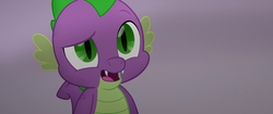 Size: 1920x804 | Tagged: safe, screencap, spike, dragon, g4, my little pony: the movie, cute, fangs, male, open mouth, raised eyebrow, shading, slit pupils, solo, spikabetes, suspicious, tail