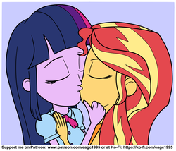 Size: 2527x2167 | Tagged: safe, artist:eagc7, sunset shimmer, twilight sparkle, human, equestria girls, g4, clothes, duo, eyes closed, female, high res, kiss on the lips, kissing, ko-fi, lavender background, lesbian, patreon, ship:sunsetsparkle, shipping, simple background, twilight sparkle (alicorn)