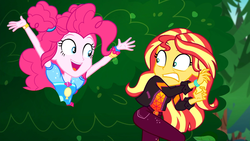 Size: 1918x1080 | Tagged: safe, screencap, pinkie pie, sunset shimmer, equestria girls, equestria girls specials, g4, my little pony equestria girls: better together, my little pony equestria girls: sunset's backstage pass, arms in the air, cute, diapinkes, duo, duo female, female, geode of empathy, geode of sugar bombs, happy, magical geodes, open mouth, pinkie being pinkie, shocked, shocked expression, smiling