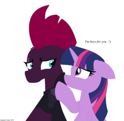 Size: 3568x3480 | Tagged: safe, artist:stephen-fisher, tempest shadow, twilight sparkle, alicorn, pony, unicorn, g4, my little pony: the movie, 2019, :'), broken horn, comforting, duo, duo female, eye scar, female, frown, high res, horn, looking at each other, looking at someone, mare, sad, scar, signature, simple background, smiling, text, twilight sparkle (alicorn), white background