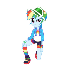 Size: 700x700 | Tagged: safe, rainbow dash, equestria girls, equestria girls series, g4, official, spoiler:eqg series (season 2), clothes, female, geode of super speed, looking at you, magical geodes, rainbow socks, shoes, simple background, smiling, sneakers, socks, solo, striped socks, transparent background
