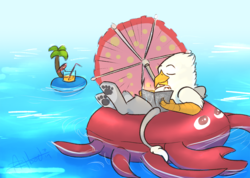 Size: 1234x879 | Tagged: safe, artist:scruffasus, oc, oc only, oc:der, crab, griffon, drink, floating, male, paw pads, paws, solo, straw, umbrella, underpaw, water