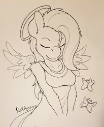 Size: 1960x2388 | Tagged: safe, artist:punk-pegasus, fluttershy, butterfly, anthro, g4, bust, eyes closed, female, floating wings, halo, monochrome, solo, traditional art, wings