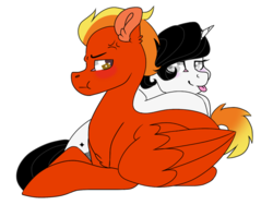 Size: 1532x1151 | Tagged: safe, artist:plixine, oc, oc only, oc:sky meadow, oc:wind fénix, pegasus, pony, unicorn, :p, annoyed, brother and sister, chest fluff, cross-popping veins, female, grumpy, male, siblings, simple background, tongue out