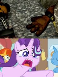 Size: 1920x2560 | Tagged: safe, edit, edited screencap, screencap, starlight glimmer, sunburst, trixie, a horse shoe-in, g4, 3d, animatronic, comparison, crossover, crying, death, five nights at freddy's, freddy fazbear, golden freddy, meme, phyllis no!, scott cawthon, source filmmaker, teary eyes, the chief (animatronic), the special strike, thehottest dog
