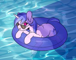 Size: 2048x1638 | Tagged: safe, artist:ak4neh, sea swirl, seafoam, pony, unicorn, g4, background pony, female, floaty, inner tube, mare, solo, sunglasses, swimming, water, wet, ych result