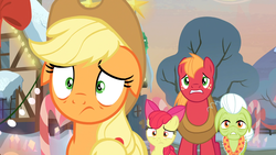 Size: 3840x2160 | Tagged: safe, screencap, apple bloom, applejack, big macintosh, granny smith, pony, g4, hearthbreakers, do not want, high res, reaction image, sad, upscaled, worried