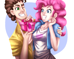Size: 2000x1600 | Tagged: safe, artist:brother-lionheart, cheese sandwich, pinkie pie, human, g4, clothes, equestria girls outfit, female, humanized, male, one eye closed, present, ship:cheesepie, shipping, smiling, straight, wink