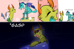 Size: 1800x1200 | Tagged: safe, artist:zouyugi, ocellus, princess ember, thorax, changedling, changeling, dragon, g4, bait and switch, changeling x dragon, comic, denied, female, good girl, king thorax, male, meme, nightmare, ponified meme, ship:embrax, shipping, straight, tail wag