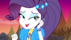 Size: 1912x1080 | Tagged: safe, screencap, rarity, equestria girls, equestria girls specials, g4, my little pony equestria girls: better together, my little pony equestria girls: sunset's backstage pass, beautiful, cute, female, geode of shielding, lidded eyes, lovely, magical geodes, open mouth, outdoors, pretty, raribetes, smiling, solo