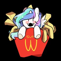 Size: 700x700 | Tagged: safe, artist:snowillusory, princess celestia, alicorn, pony, g4, black background, chibi, cute, cute little fangs, fangs, female, food, french fries, simple background, solo, tiny, tiny ponies