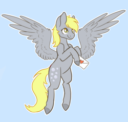 Size: 1444x1372 | Tagged: safe, artist:flaming-trash-can, derpy hooves, pegasus, pony, g4, blue background, female, flying, love letter, mare, outline, simple background, smiling, solo, wings