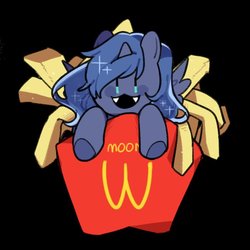 Size: 700x700 | Tagged: safe, artist:snowillusory, princess luna, alicorn, pony, g4, black background, chibi, cute, cute little fangs, fangs, female, food, french fries, simple background, solo, tiny, tiny ponies