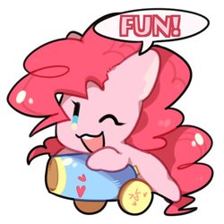 Size: 512x512 | Tagged: safe, artist:snowillusory, part of a set, pinkie pie, earth pony, pony, g4, :3, cute, dialogue, diapinkes, female, fun, one eye closed, one word, open mouth, party cannon, solo, speech bubble, wink