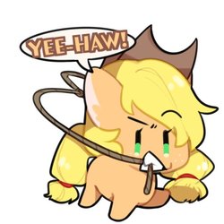 Size: 512x512 | Tagged: safe, artist:snowillusory, part of a set, applejack, earth pony, pony, g4, chibi, cowboy hat, female, hat, lasso, mare, mouth hold, rope, simple background, white background, yeehaw