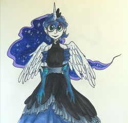 Size: 1728x1659 | Tagged: safe, artist:mkd, princess luna, human, g4, clothes, dress, female, humanized, makeup, moon, simple background, smiling, solo, traditional art, wings
