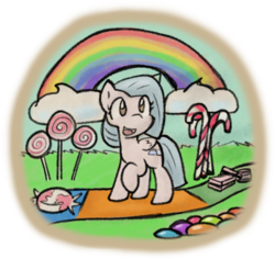 Size: 1088x1028 | Tagged: safe, artist:zutcha, oc, oc only, oc:cloudy skies (pap), pegasus, pony, candy, candy cane, fanfic art, female, food, lollipop, mare, rainbow, solo