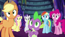 Size: 640x360 | Tagged: safe, screencap, applejack, fluttershy, pinkie pie, rainbow dash, rarity, spike, dragon, earth pony, pegasus, pony, unicorn, equestria girls, g4, my little pony equestria girls: rainbow rocks, animated, castle, cute, cute little fangs, fangs, female, hat, library, looking at you, male, mare, open mouth, smiling, twilight's castle
