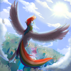 Size: 4000x4000 | Tagged: safe, artist:discosweetruletik, rainbow dash, pegasus, pony, backlighting, bandaid, bandaid on nose, cloud, dutch angle, eye clipping through hair, female, flying, grin, looking at you, looking back, looking back at you, mare, ponyville, sky, smiling, solo, spread wings, sun, tomboy, underhoof, wings