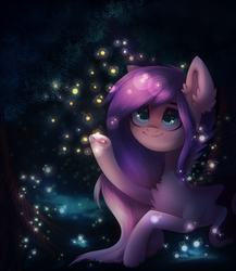 Size: 1426x1644 | Tagged: safe, artist:astralblues, oc, oc only, earth pony, firefly (insect), pony, chest fluff, eye reflection, female, mare, night, prone, reflection, smiling, solo, tree