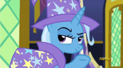 Size: 640x355 | Tagged: safe, screencap, trixie, pony, unicorn, g4, no second prances, season 6, animated, cape, clothes, discovery family logo, female, hat, looking at you, looking back, looking back at you, mare, raised eyebrow, salute, smiling, smirk, solo, trixie's cape, trixie's hat, twilight's castle