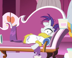 Size: 506x412 | Tagged: safe, screencap, rarity, pony, g4, it isn't the mane thing about you, carousel boutique, clothes, couch, cropped, fainting couch, female, food, ice cream, raribald, robe, solo