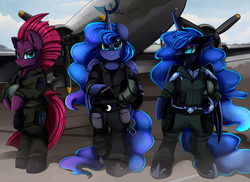 Size: 3509x2550 | Tagged: safe, artist:pridark, nightmare moon, princess luna, tempest shadow, alicorn, pony, unicorn, g4, aircraft, arm hooves, bipedal, broken horn, clothes, commission, dc3, group, high res, horn, new lunar republic, pants, smiling, trio