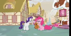 Size: 480x248 | Tagged: safe, screencap, pinkie pie, rarity, pony, g4, honest apple, animated, badass, female, fire, guitar, guitarity, hardcore, heavy metal, musical instrument, subtitles