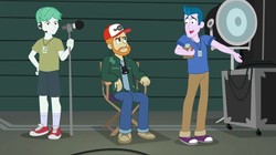 Size: 1280x718 | Tagged: safe, screencap, chase reverb, citron howard, nervous pa, equestria girls, g4, movie magic, spoiler:eqg specials, cap, chair, clothes, director's chair, hat, legs, male, microphone, pants, shoes, sneakers, socks